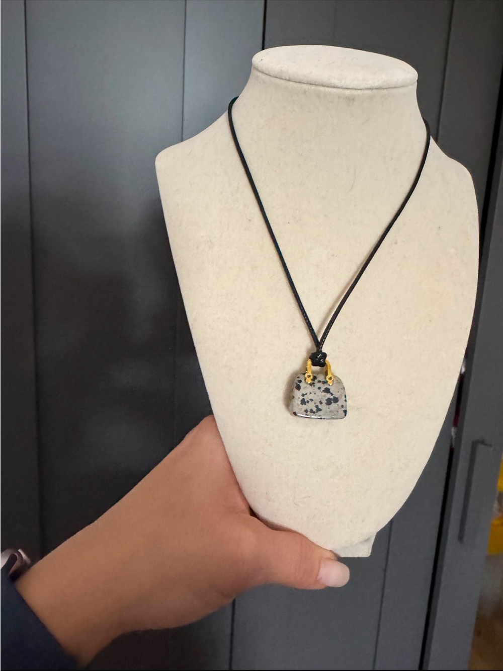 Handcrafted Dalmatian Jasper Pendant Necklace in Black Cord